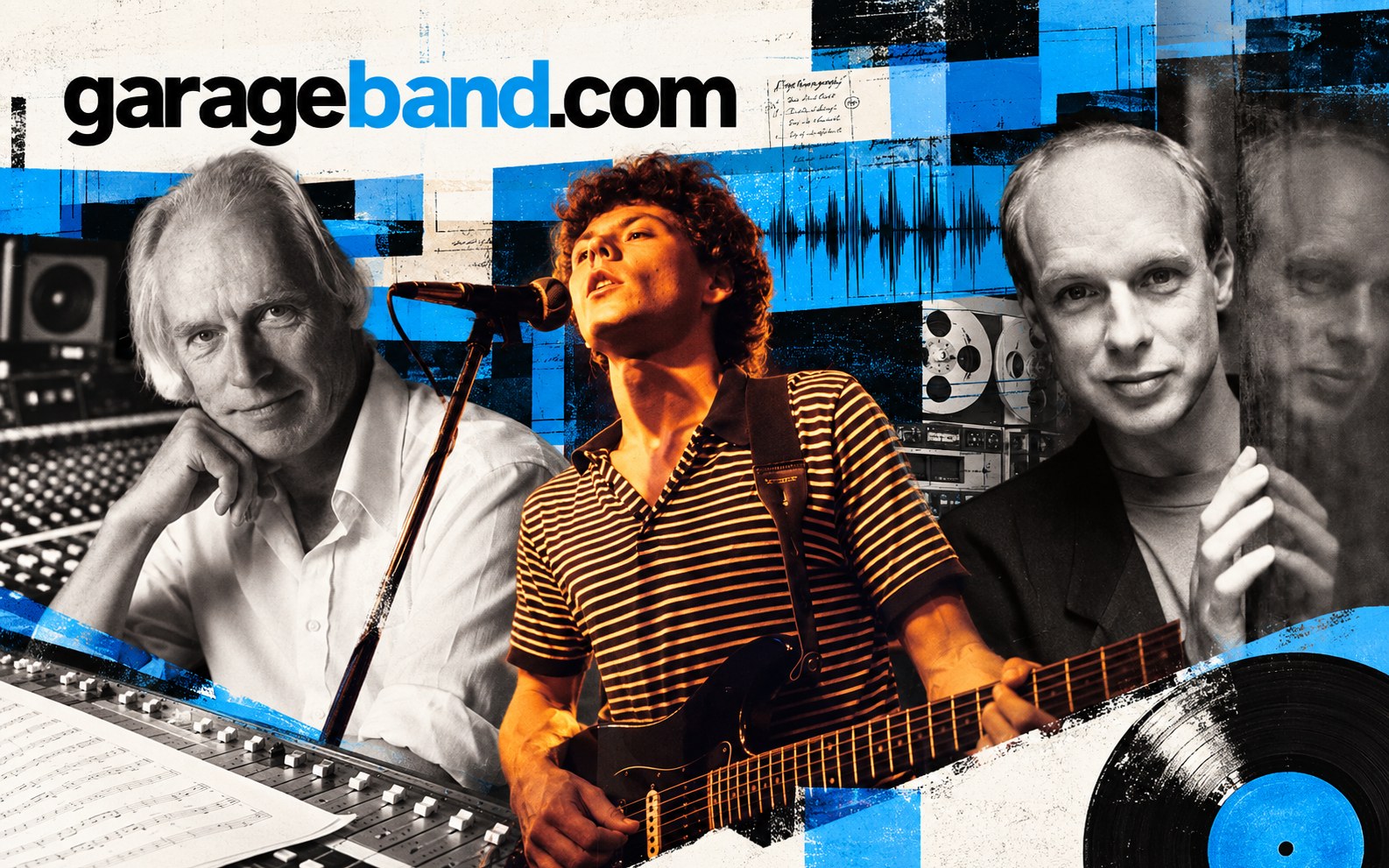 GarageBand.com collage with Sir George Martin, Jerry Harrison and Brian Eno